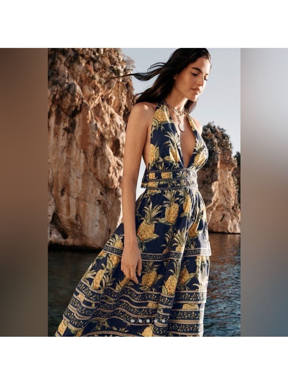 FARM Rio Navy Blue Pineapple Halter Midi Dress - Picture 3 of 8